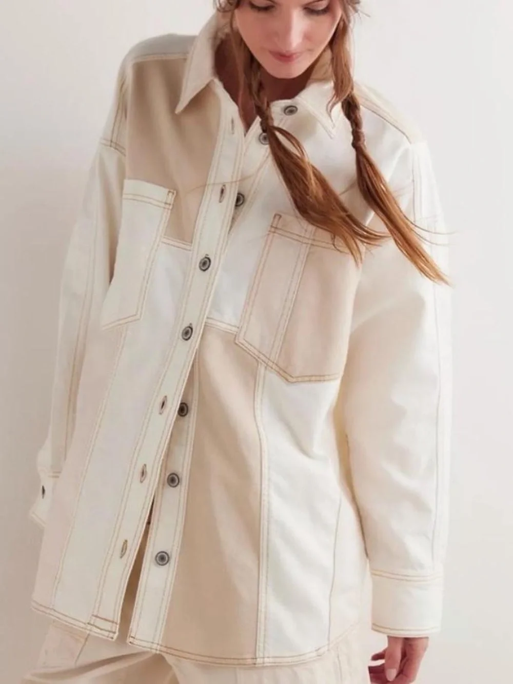 Free People We The Free Mountain Roads Denim Patchwork Jacket in Cream/Beige - S - Picture 3 of 8
